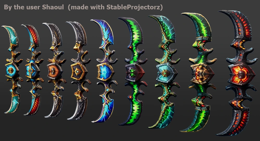 A collection of Cleave-dagger weapons from a 3D game generated and textured using the StableProjectorz software.