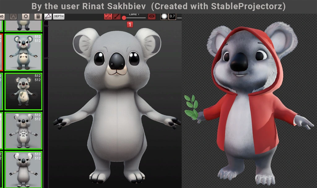 An example of a coala character textured inside StableProjectorz, showcasing how it contributes to the workflow of an artist.