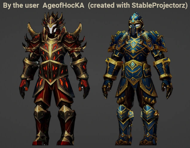 Two sets of knight armor from an RPG game, textured using StableProjectorz AI program. 