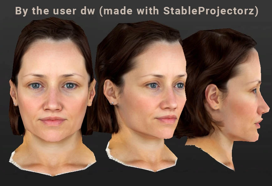 A 3d head of a woman textured via StableProjectorz program using stable diffusion algorithm